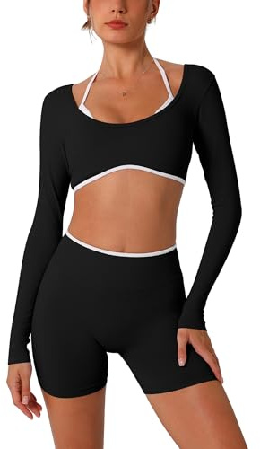 AGYMNX Workout Sets for Women 2 Piece Contrast Panel Long Sleeve Halter Crop Top and Butt-lifting Shorts Jogger Outfits