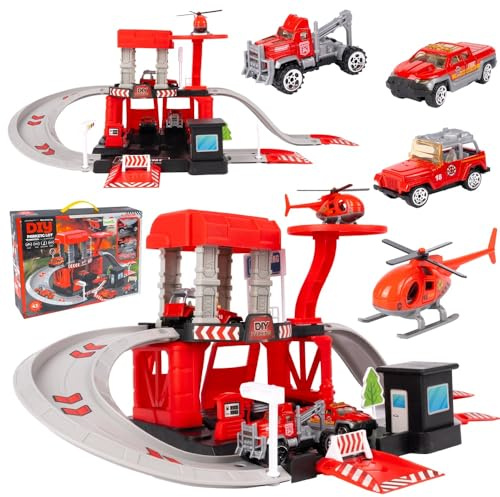 Malplay Kit de base de caserne de pompiers avec 3 voitures, hélicoptères, pompiers, à partir de 3 ans, cadeau