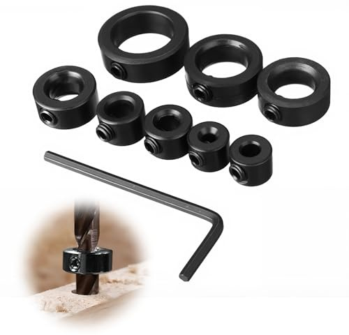Juego de 8 anillos de tope de profundidad, 3/4/5/6/8/10/12/16 mm, tope de profundidad, anillo de ajuste con llave hexagonal, limitador de profundidad de perforación, posicionador para carpintería