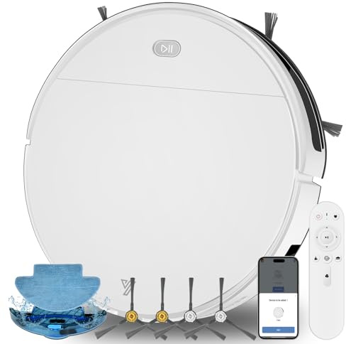Yigars 2025 Robot Aspirateur Laveur, jusqu'à 4500Pa Aspiration Robot Ultra Silencieux Fin de 7,8cm Alexa/WiFi/APP/Télécommande, Ricarica Automatica, pour Sols Durs, Tapis et Poils d'animaux Blanc