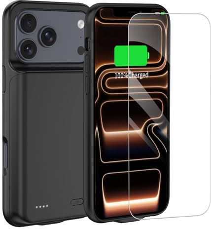 FLSTOR Akkuhülle für iPhone 17 Pro Max 6,9 Zoll, 7000 mAh, hohe Kapazität, wiederaufladbarer Akku, Ladehülle mit Displayschutzfolie, Schwarz