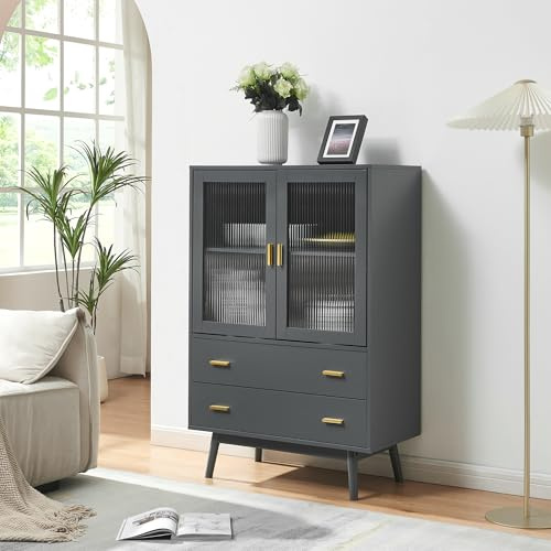 [en.casa] Vitrinenschrank Susa Bücherschrank mit 2 Schubladen 120 x 80 x 40 cm Küchenschrank mit 2 Türen Mehrzweckschrank Vitrine Grau