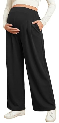 BLENCOT Women's Maternity Pants Wide Leg Pleated Adjustable High Waist Waffle Work Trousers Spring Activewear Elastic Solid Color Baggy Pregnancy Clothes Long Pants Large Black