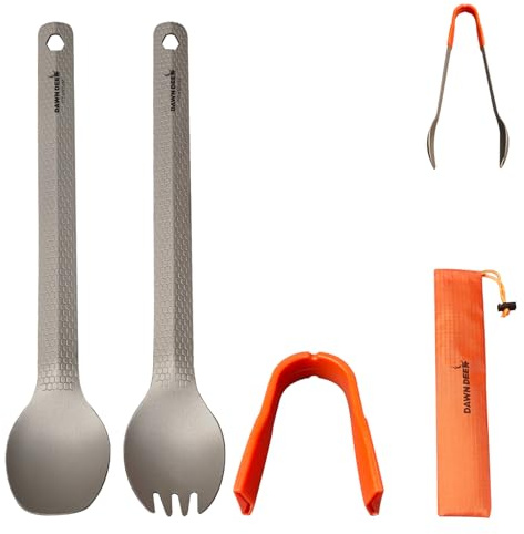 Dawn Deer 3 in1 Titanium Ultralight Cutlery Set, Long Handle Spoon and Spork, Camping tong, Travel Utensils with Bag (22CM)