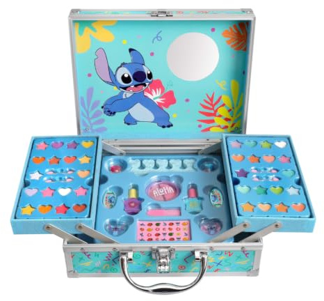 Stitch Make-up Koffer zum Aufklappen | XXL Schminkset für Kinder mit Lipgloss, Lidschatten, Nagellack, Rouge & Zubehör – Beautycase mit Spiegel im Stitch-Design, Kindergerecht