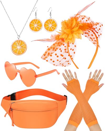 ETOFETE 6 Stück Karneval Kostüm Damen, mit Blumen Orange Haarreif Fascinator Oranger Sonnenbrille Bauchtasche Handschuhe Zitronen Ohrringe und Halskette, Erwachsene Fasching Accessoires