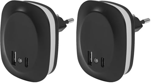 LEDVANCE LUNETTA EDGE Steckdosen-Nachtlicht, schwarz, 0,35W, 10lm, warmweißes Licht, Tageslichtsensor, USB-A & USB-C Anschluss, LED-Technologie, Ladefunktionalität, lange Lebensdauer, IP20, 3000K