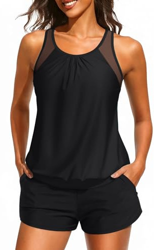 Black Women Blouson Tankini Swimsuit with Shorts - 2 Piece Tummy Control Bathing Suit Modest Mesh Racerback Top with Pockets 2026 M
