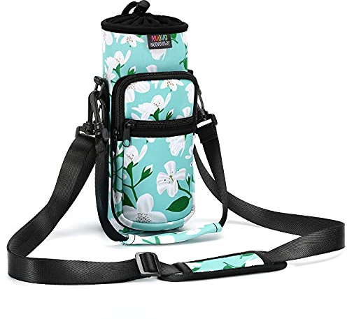Nuovoware Bolsa Porta Botella de Agua, Porta Botella 750ml, Correa Mano Ajustable para Hombro, 2 Bolsillos, Funda Neopreno, Accesorios Deportivos para Senderismo, Viajes, Verde Lily