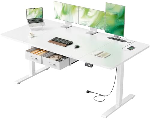 HLONONE 160 x 80 cm Höhenverstellbarer Schreibtisch Elektrisch mit Steckdosen und USB-Buchse, Schreibtisch Höhenverstellbar mit Schubladen, Stabiler Standing Desk mit Memory Funktion, Weiß