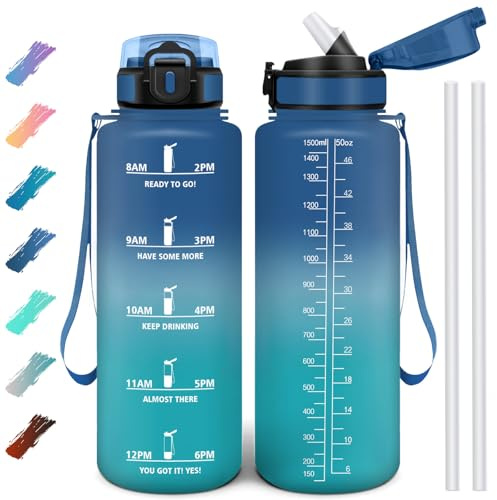 Motswedi Botella Agua 1500 ml, Botella Agua Gimnasio sin BPA con Marcador de Tiempo, Plastico Botella de Agua Deportiva Motivacional, con Pajita Azul & Verde