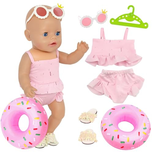 5 Stück Pink Puppenkleidung Puppen Schwimm-Set mit rosa Rüschen-Badeanzug, Passend für 36–43 cm（14-18 Inch） Baby Puppen, Schwimmring, Sonnenbrille und geflochtene Sandalen als modisches Puppenzubehör