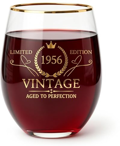 1956 70th Birthday Gifts for Men Women - Vintage Aged to Perfection Wine Glass, 70 Year Old Birthday Presents for Dad Mum Husband Wife, Large Stemless Glass with Real Gold Rim & Engraved Design (1956)