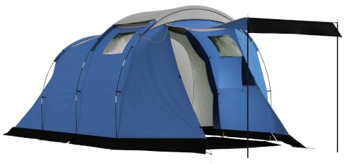 Outsunny Tente de Camping Tunnel 4 Personnes 3000mm - 190cm Bleu Foncé | Séjour Spacieux, Double Couche, Abri de Jardin, Bivouac Randonnée, avec Auvent, Hauteur Debout 190 cm