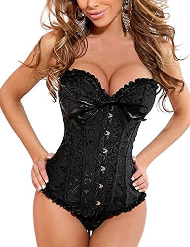 EVAbaby Sexy Floral Boned Corset Top Overbust Body Shaper Steel Hook Bustier for Women Black X Large