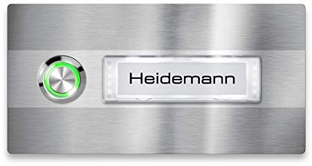 Metzler Klingel-Schild Edelstahl - LED-Beleuchtung - Namensschild austauschbar (Namensschild mit Beleuchtung, LED-Taster Grün)