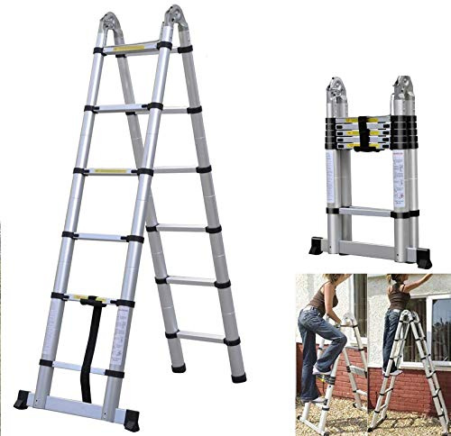 A Frame Telescopic Ladder 3.8M /1.9m + 1.9m Folding Ladders 12 Step Retractable Extendable Extension Multi Purpose Aluminum - 150kg 330lb Capacity