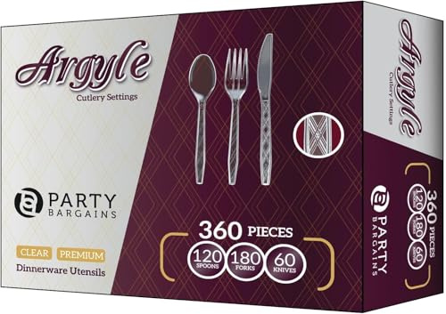 PARTY BARGAINS Argyle Settings Clear Plastic Cutlery Set 360‑Piece – 180 Forks, 120 Spoons, 60 Knives – Heavy‑Duty Disposable Utensils for Parties, Weddings, Buffets, BBQs & Catering – BPA Free