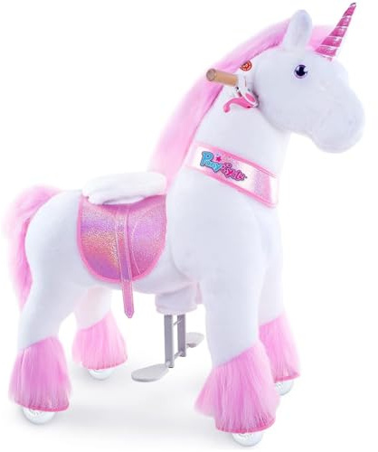 PonyCycle Offizielle Klassisch U-Serie Reiten auf Einhorn Spielzeug Plüsch Lauftier Rosa Einhorn für Alter 4-9 Mittlere Größe U402