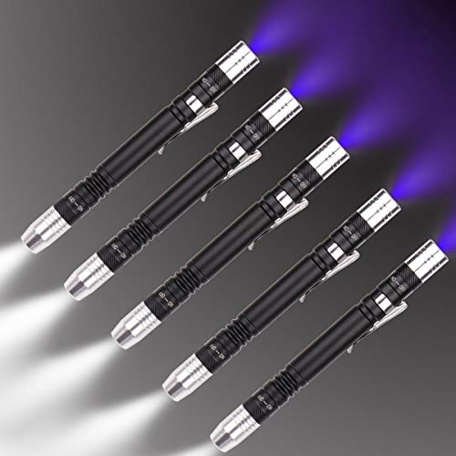 POCKETMAN UV ficklampa 395 nm violett 2 i 1 Mini LED ficklampa med metallklämma för utomhusbelysning, fläckdetektering på mattor, arbetsbelysning (5 pack)