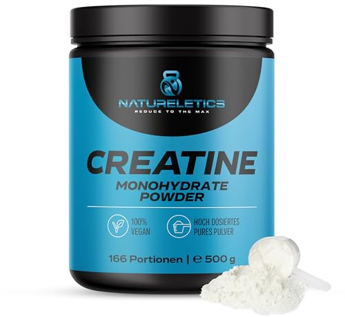 Natureletics Kreatin Monohydrat 500 g Pulver, 100 % reines Kreatin, vegan & ohne Zusätze 166 Portionen Vorratspack