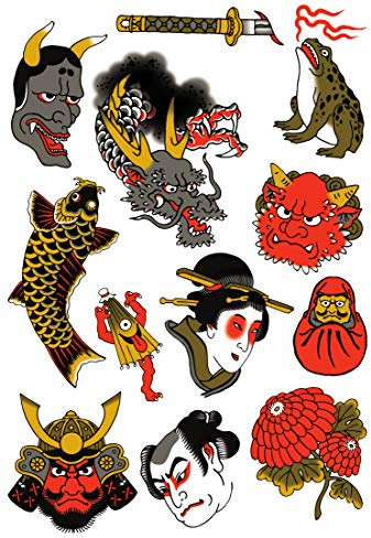 Tatsy The Japanese Set, Tatouages Temporaires Imperméables pour Femme et Homme, Designs Inspirés de la Culture Japonaise avec Dragon, Épée de Samouraï, Guerrier, Geisha, Grenouille et Fleurs