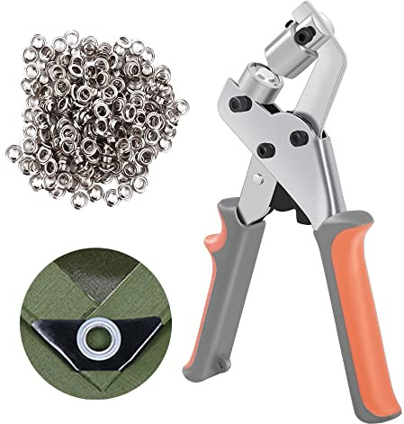 KING PIECES Grommet Tool Kit Handheld Hole Punch Pliers Portable Grommet Hand Press Manual Puncher w/ 500pcs Silver Grommets of 1/4 Inch (6mm)