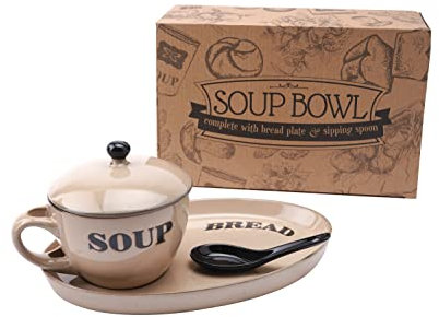 CGB Giftware | Soup Bowl Dish with Bread Serving Plate and Spoon Set | Cream Country Cottage Kitchen Rustic Style | Microwave and Dishwasher Safe | Individually Gift Boxed