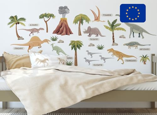 Osomhome Dino Wandtattoo Dinosaurier (130x85cm)I Wandsticker Dinosaurier Wandaufkleber | Dino Deco Kinderzimmer Junge & Mädchen I Vulkan Baum Velociraptor Brachiosaurus Ankylosaurus Stegosaurus os3237