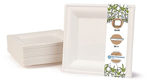 Greenbox - Vaisselle jetable en bagasse écologique - 50 assiettes carrées blanchies 16 x 16 cm - Assiettes jetables de fête bio
