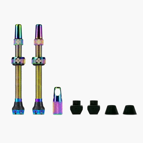 Muc-Off Regenbogenfarbige Presta Tubeless Ventile, 60 mm - Hochwertige Anti-Leck Fahrradventile mit integriertem Werkzeug zum Entfernen des Ventilkerns