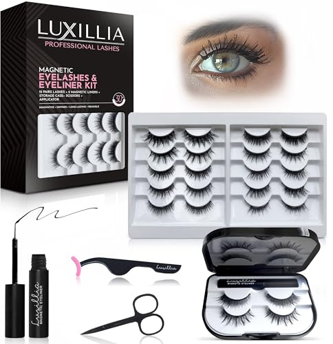 Luxillia 16-Piece Magnetic Eyelashes with Applicator & Magnetic Eyeliner Kit – Reusable Natural Magnetic Lashes – Easy Apply Lash Kit for Beginners – Waterproof, Short & Dramatic Looks