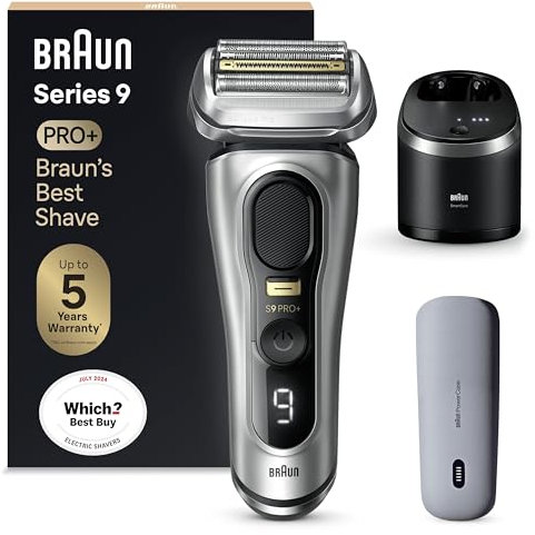 Braun Series 9 PRO+ Electric Shaver for Men, 5 Shave Elements & Precision Hair Trimmer, SmartCare Center, PowerCase, Wet & Dry Electric Razor, 9477cc, Silver