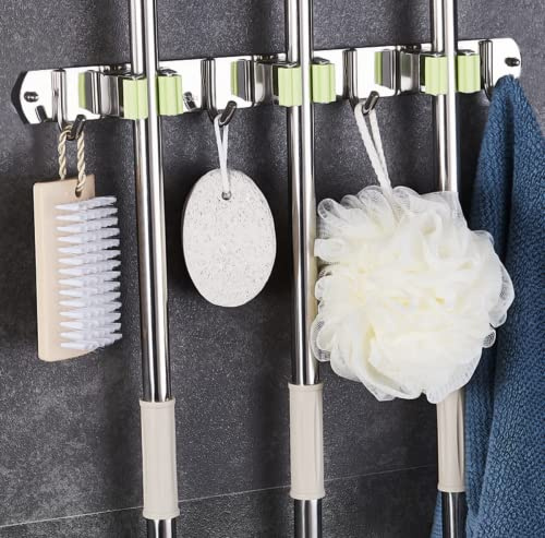Rodmaie Wall Broom Holder, Broom Mop Holder, Wall Mount, Self-Adhesive Tool Holder Organiser with 3 Holders and 4 Hooks for Home, Kitchen, Bathroom, Garden, Garage, Green (Green)