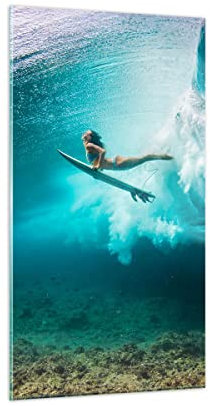 Bilder auf Glas Surfen Unterwasser Frau Glasbild 45x80cm Wandbilder Dekoration Wohnzimmer Schlafzimmer Küche Deko Klein Wanddeko Bild im Glas Wand Kunstdruck Art Modern Wall Decor GPA45x80-4898