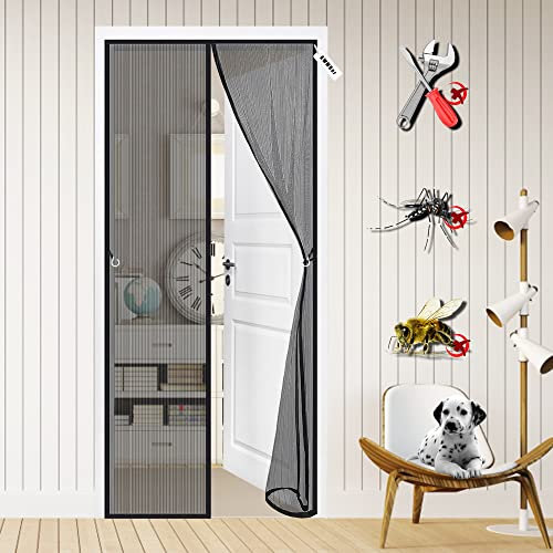 Fly Insect Screen Door 240 x 245 cm Magnetic Mesh Retractable Door Curtain - Keeps Mosquitoes Insects Bugs Out - Fits Door Up to Black