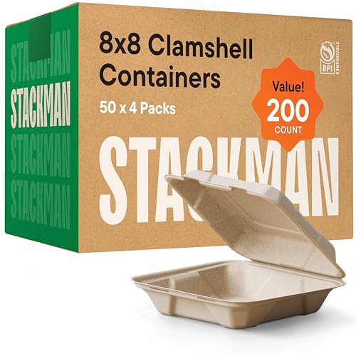 100% Compostable Clamshell Take Out Containers - 8x8 [200-Pack] Heavy Duty