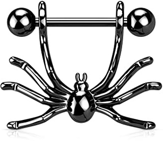 beyoutifulthings Brustwarzen-piercing Hängende Spinne Schwarz Silber Brust-piercing Nippel-piercing Intim-piercing Chirurgenstahl Stab 16-mm