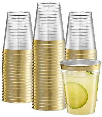 PLASTICPRO Disposable 8 oz Crystal Clear Plastic Tumblers With Gold Rim for Party's & Weddings pack of 50