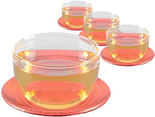 tea4chill 4 x Teetasse Glas mit Untertasse aus Gusseisen in kirschrot, 120ml. Traditionelles asiatisches Set Teebecher Glas mit Untertasse. Ideal Ergänzung für Gusseisen Teekanne.