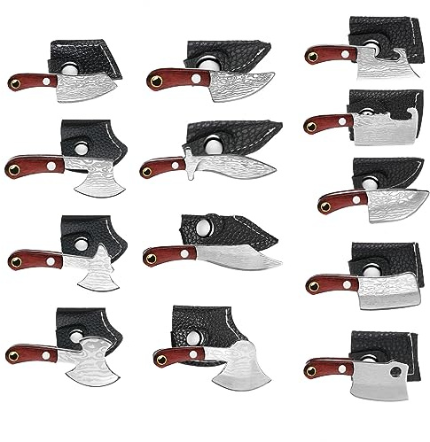 Minatee 13 Pieces Mini Knifes Damascus Pocket Set Tiny Chef Stainless Steel Knife with Sheath for Bottle Opener Package Opener Box Cutter