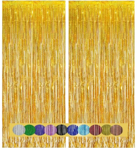 Montegoni 2 Stück Lametta Vorhänge Gold Glitzer Hintergrund Dekoration Folien Fransen Silvester Geburtstag Hochzeit Partydeko Luftschlangen Deko für Disco Party Hochzeit Party Dekoration Neujahr