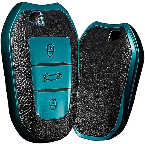 KUNIO Schlüsselhülle Passt für Peugeot 308 408 508 208 2008 3008 4008 5008 Passt für Citroen Grand C4 Picasso C4L C6 C3-XR TPU Leder-Textur Schlüsseletui Autoschlüssel Hülle 3 Tasten Grün