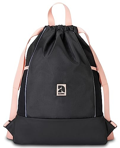 AUDETIC Turnbeutel Damen & Herren Schwarz Rosa - Fit - Sportbeutel für Alltag, Festival, Sport - Rucksack Beutel mit Kordelzug und verstellbaren Schulterträgern - Wasserabweisend