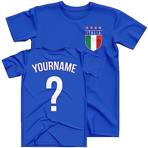 Purple Print House Personalised Kids Italia Flag Football T Shirt Custom Name and Number Boys Girls Italy Retro Badge Italian Supporter, 7-8 Years, Royal