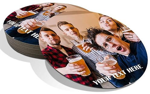 Personalised Beer Mats Photo Coasters Drinks Mats - Pack of 12 Round - Custom Home Pub Bar Accessories Pub Man Cave Gifts - Add Photo and Text