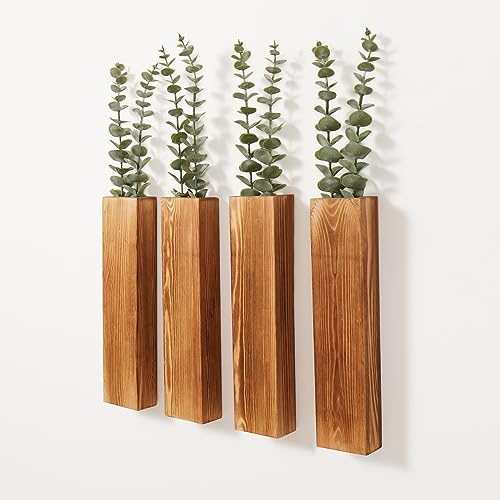Mokof 4-Pack Wood Wall Planters with 8 Removable Faux Eucalyptus Stems - Modern Farmhouse Wall Decor for Living Room, Bedroom, Bathroom - Wooden Wall Vases and Fake Eucalyptus for Home Office Decor