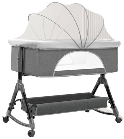 HUHJYUGE 5 in 1 Babybett und Babywiege, Kinderbett mit Matratze, Verstellbarer Stubenwagen Beistellbett mit Wickelauflage Moskitonetz, Aufbewahrungskorb, Luftigem Netz (A)