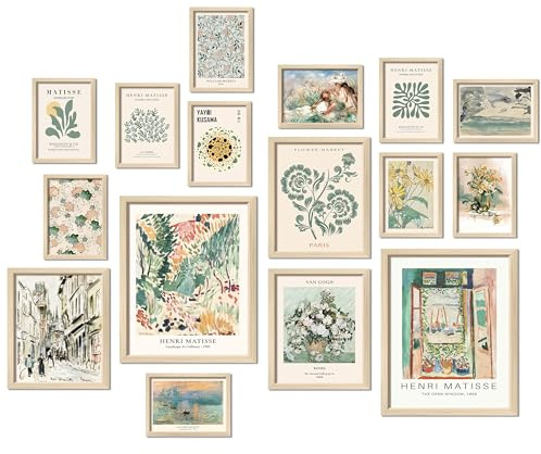 ANERZA 16 PCS Framed Sage Green Wall Art Decor, Matisse Wall Prints for Bedroom, Gallery Wall Frame Set, Abstract Posters for Living Room Aesthetic, Collage Kit Pictures, Boho Dorm Home Decor