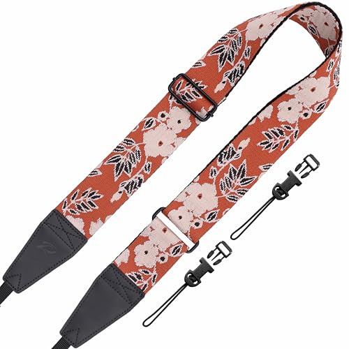 Padwa Lifestyle Adjustable Camera Strap with Quick Release Clip fits All Cameras - 2 Full Grain Leather Head,Exquisite Jacquard Embroidered Camera Straps for Photographers - Brown Flower